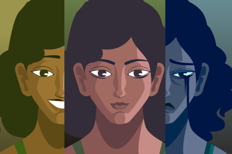 An illustration of a young woman's face showing three separate emotions.