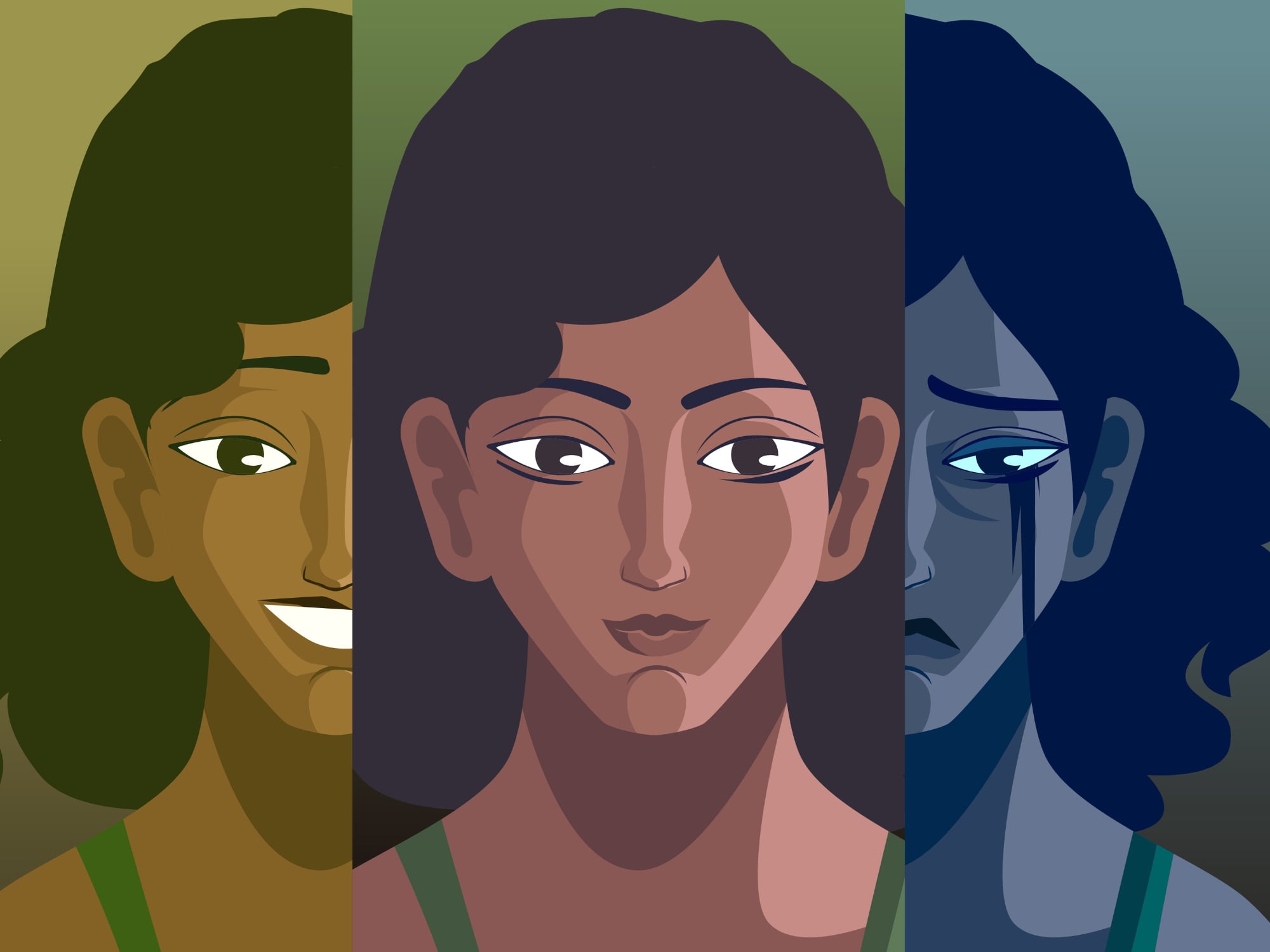 An illustration of a young woman's face showing three separate emotions.