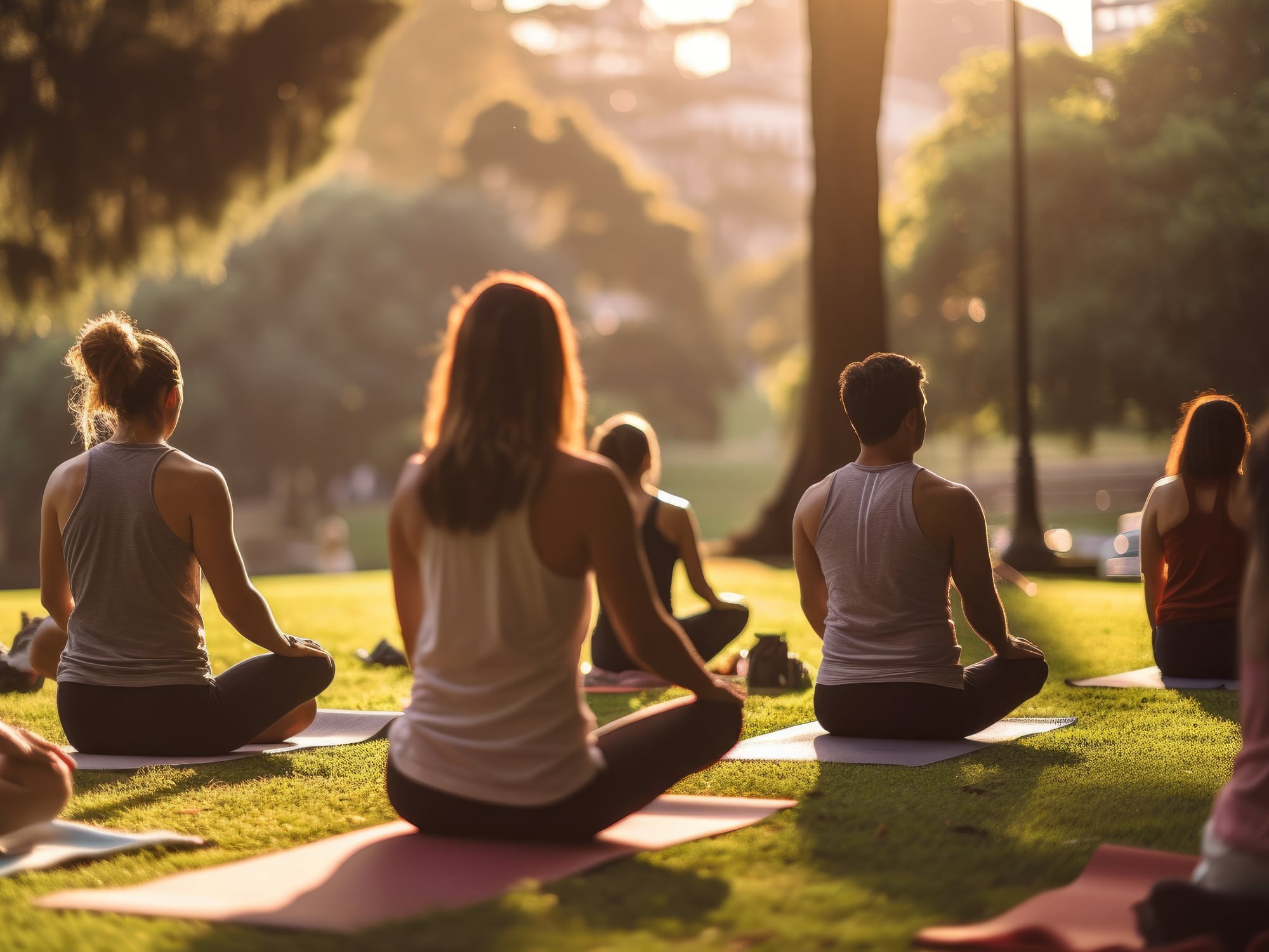 A group of people doing yoga in a park on a sunny day.